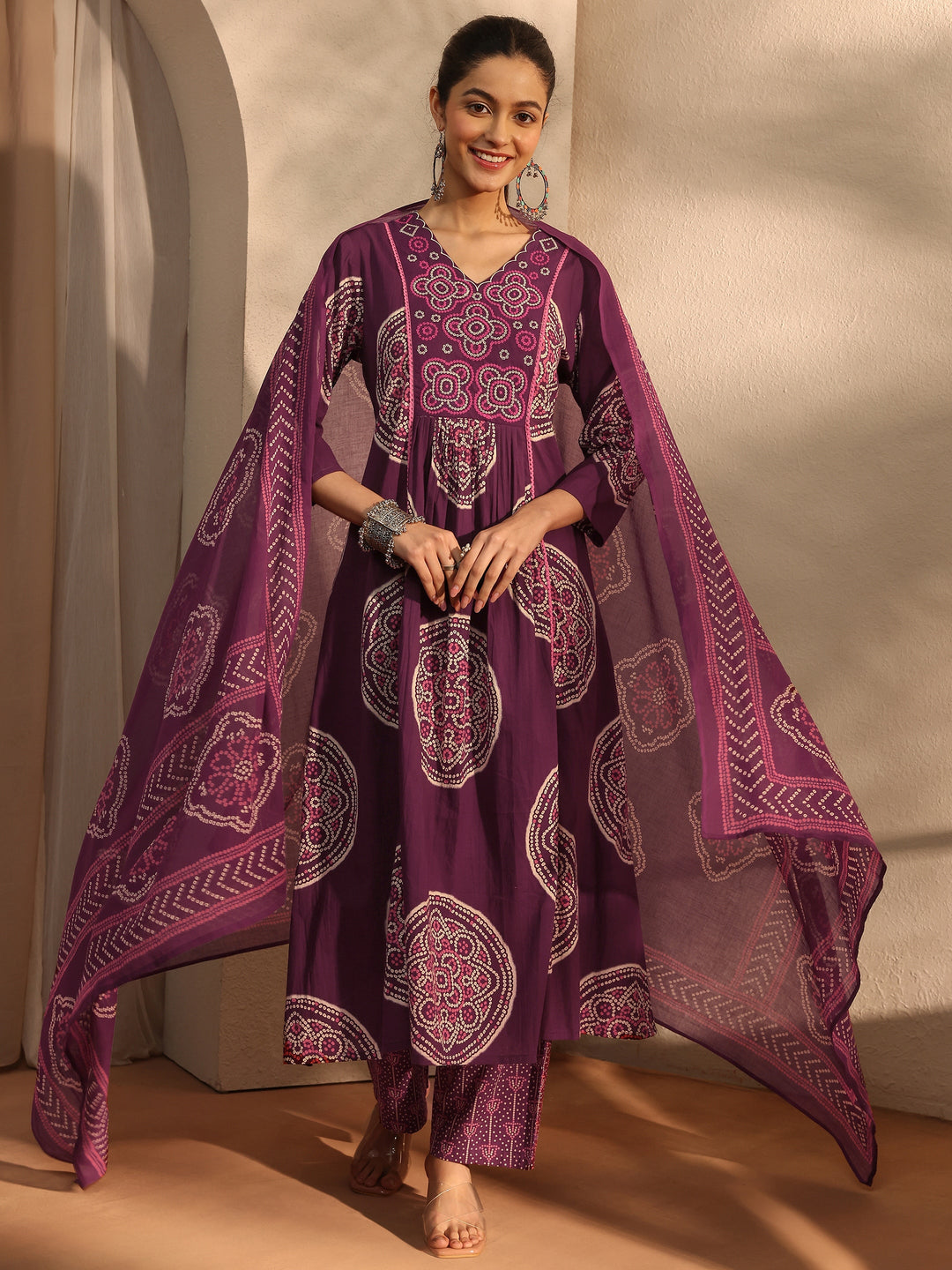 Burgundy Bandhani Printed Cotton Blend A-Line Suit Set With Dupatta