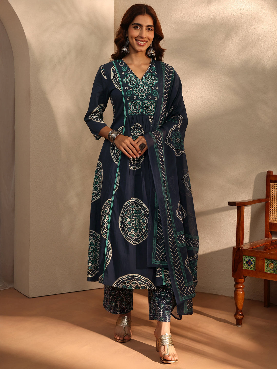 Blue Bandhani Printed Cotton Blend A-Line Suit Set With Dupatta