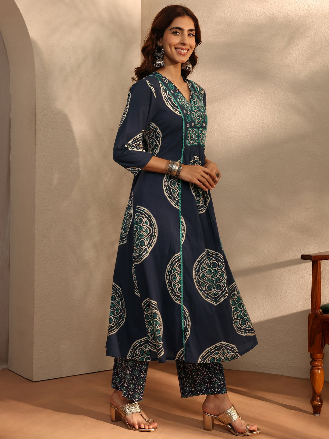 Blue Bandhani Printed Cotton Blend A-Line Suit Set With Dupatta