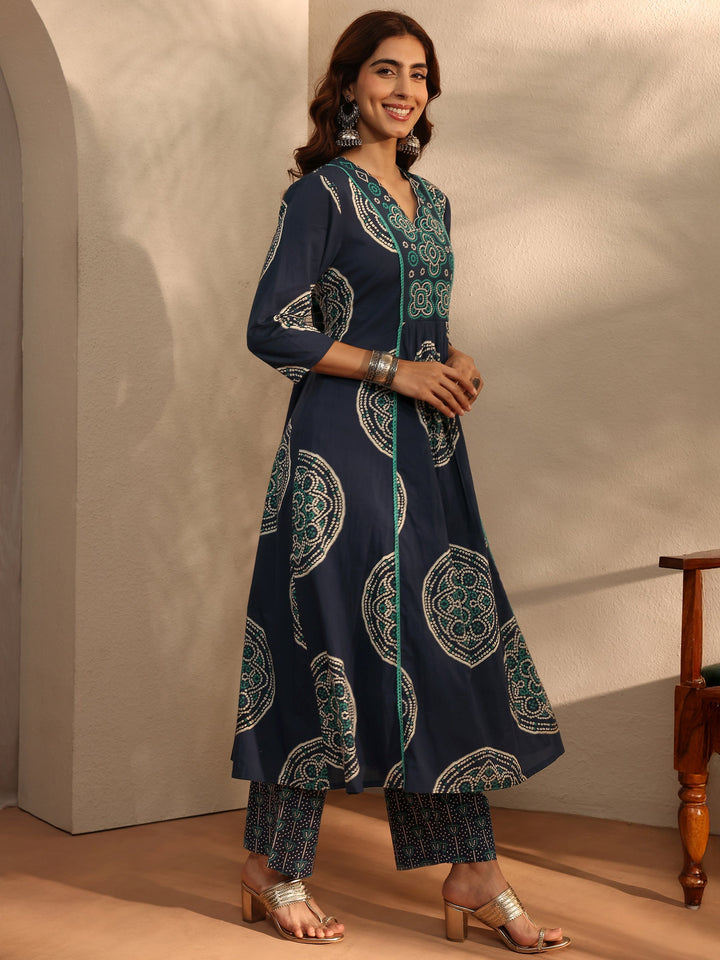 Blue Bandhani Printed Cotton Blend A-Line Suit Set With Dupatta