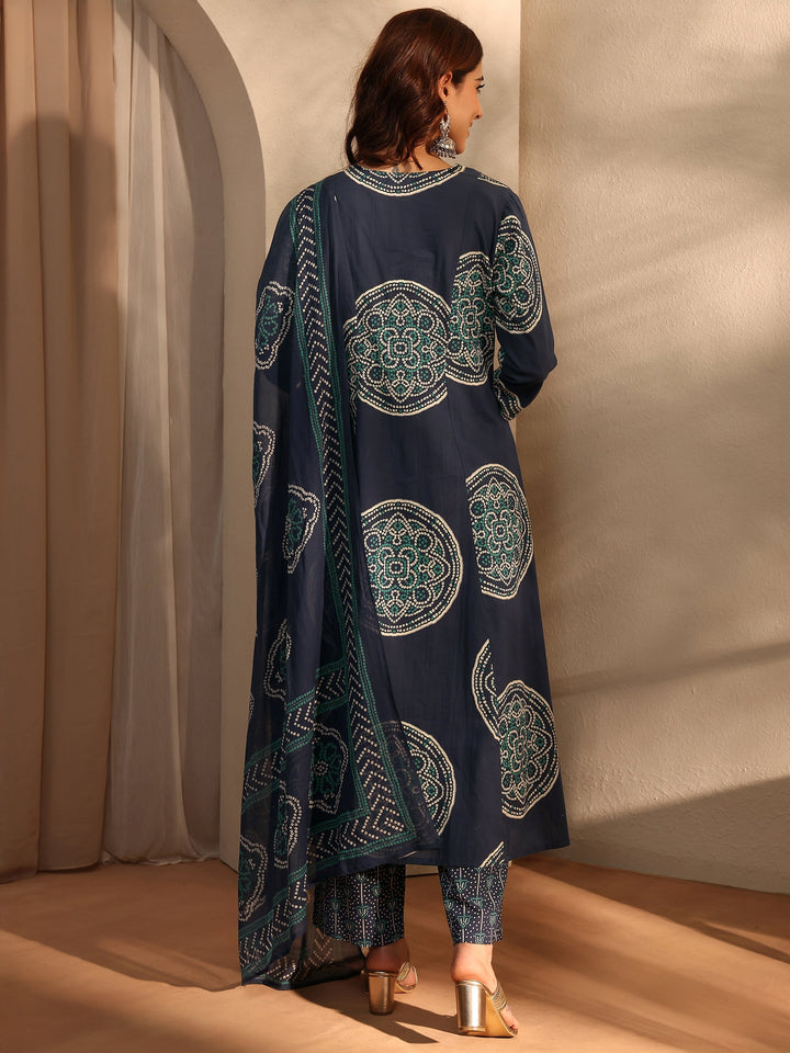 Blue Bandhani Printed Cotton Blend A-Line Suit Set With Dupatta