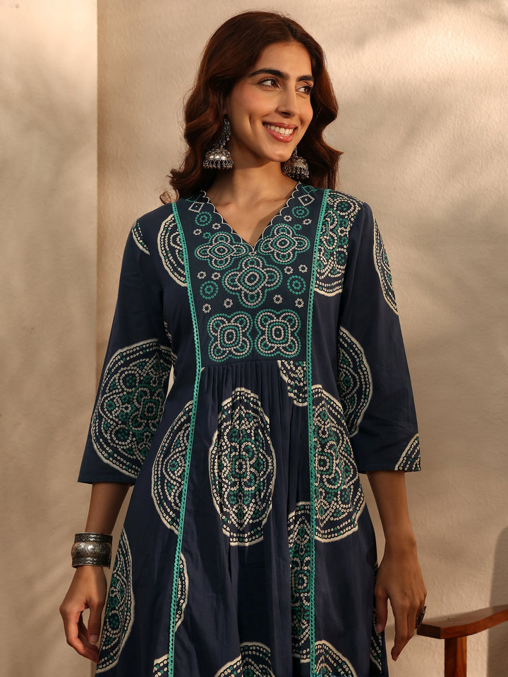 Blue Bandhani Printed Cotton Blend A-Line Suit Set With Dupatta