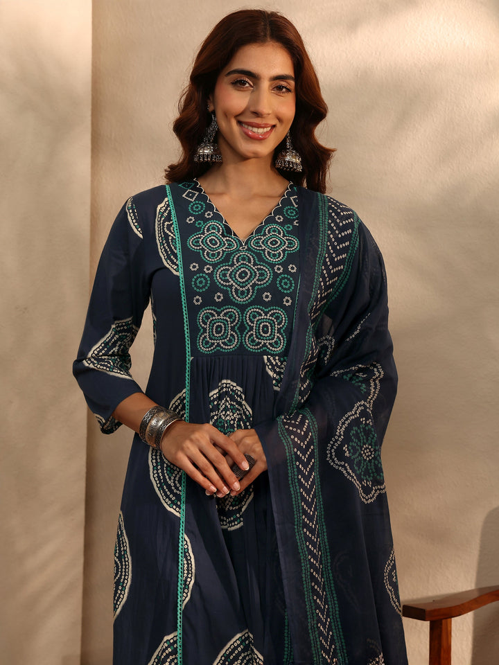 Blue Bandhani Printed Cotton Blend A-Line Suit Set With Dupatta