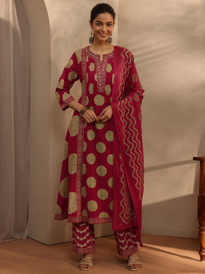 Red Bandhani Printed Cotton Blend A-Line Suit Set With Dupatta