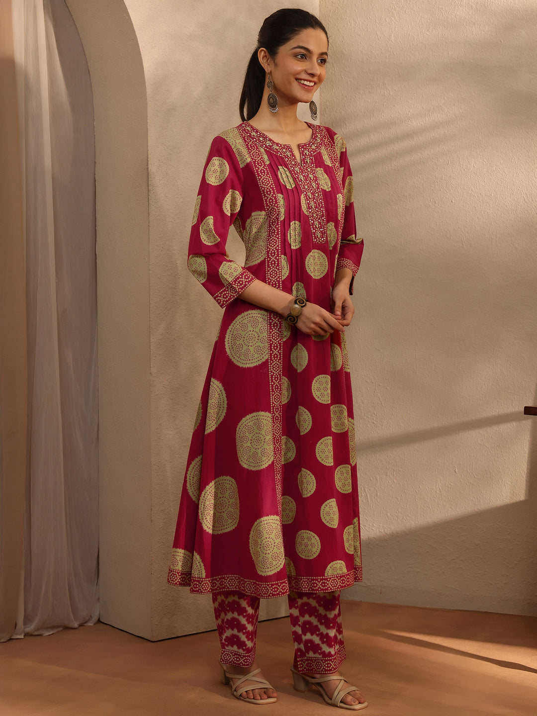 Red Bandhani Printed Cotton Blend A-Line Suit Set With Dupatta