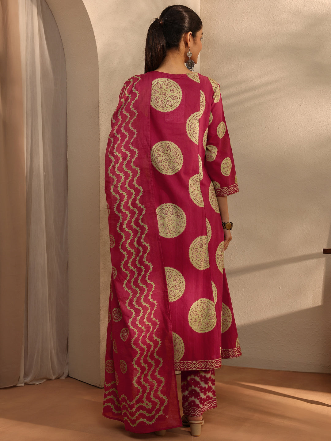 Red Bandhani Printed Cotton Blend A-Line Suit Set With Dupatta