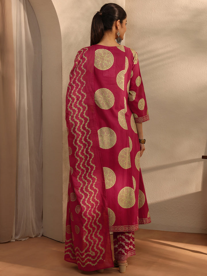 Red Bandhani Printed Cotton Blend A-Line Suit Set With Dupatta