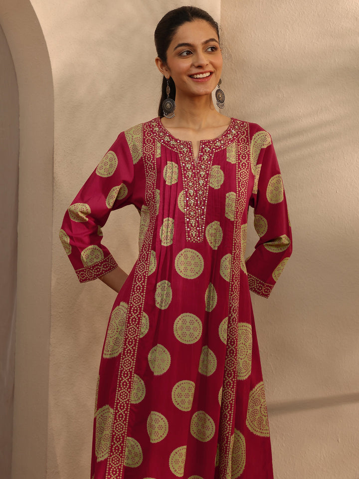 Red Bandhani Printed Cotton Blend A-Line Suit Set With Dupatta