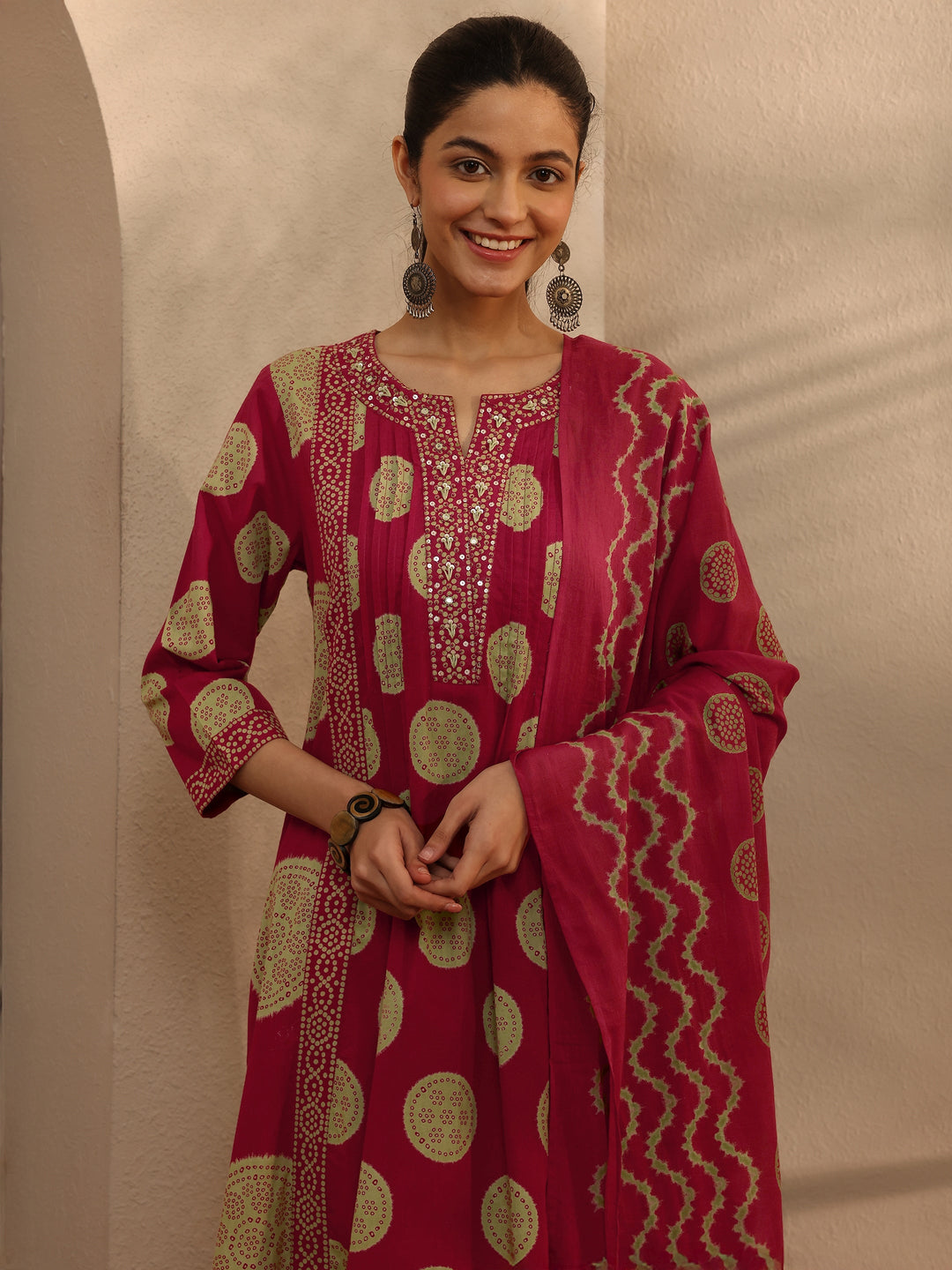 Red Bandhani Printed Cotton Blend A-Line Suit Set With Dupatta
