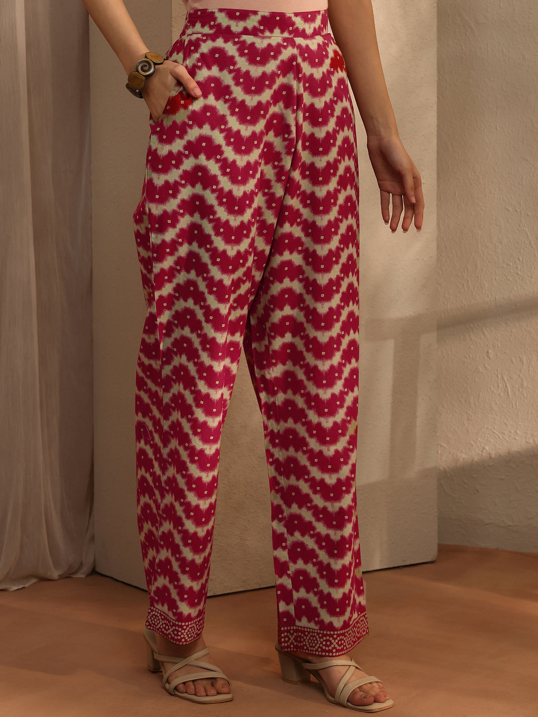 Red Bandhani Printed Cotton Blend A-Line Suit Set With Dupatta