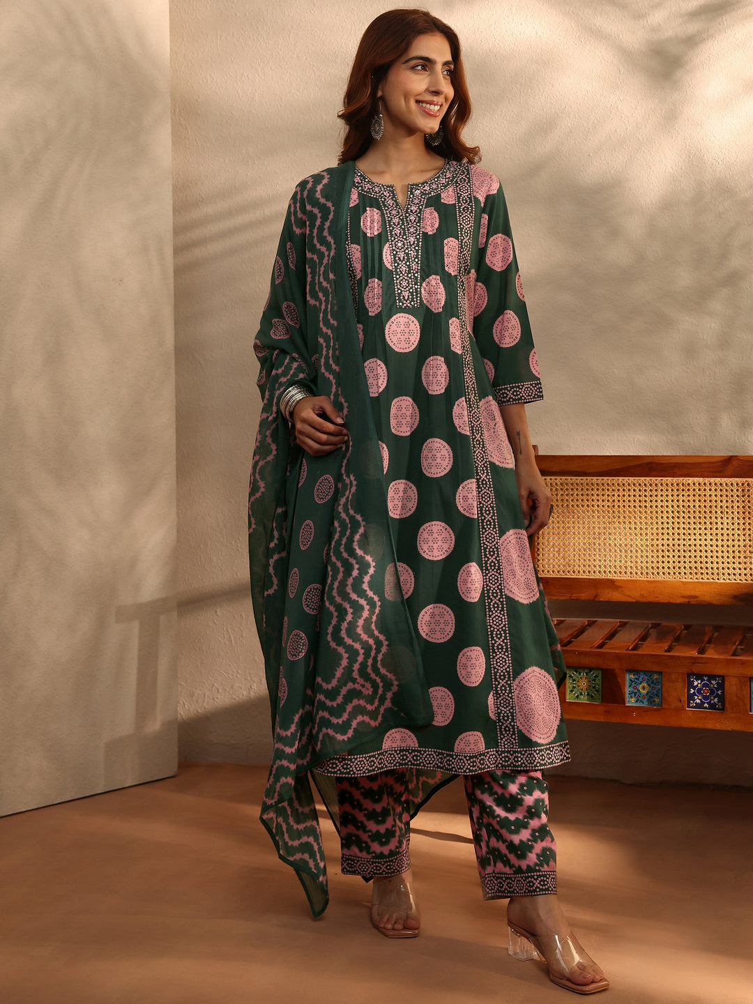 Green Bandhani Printed Cotton Blend A-Line Suit Set With Dupatta