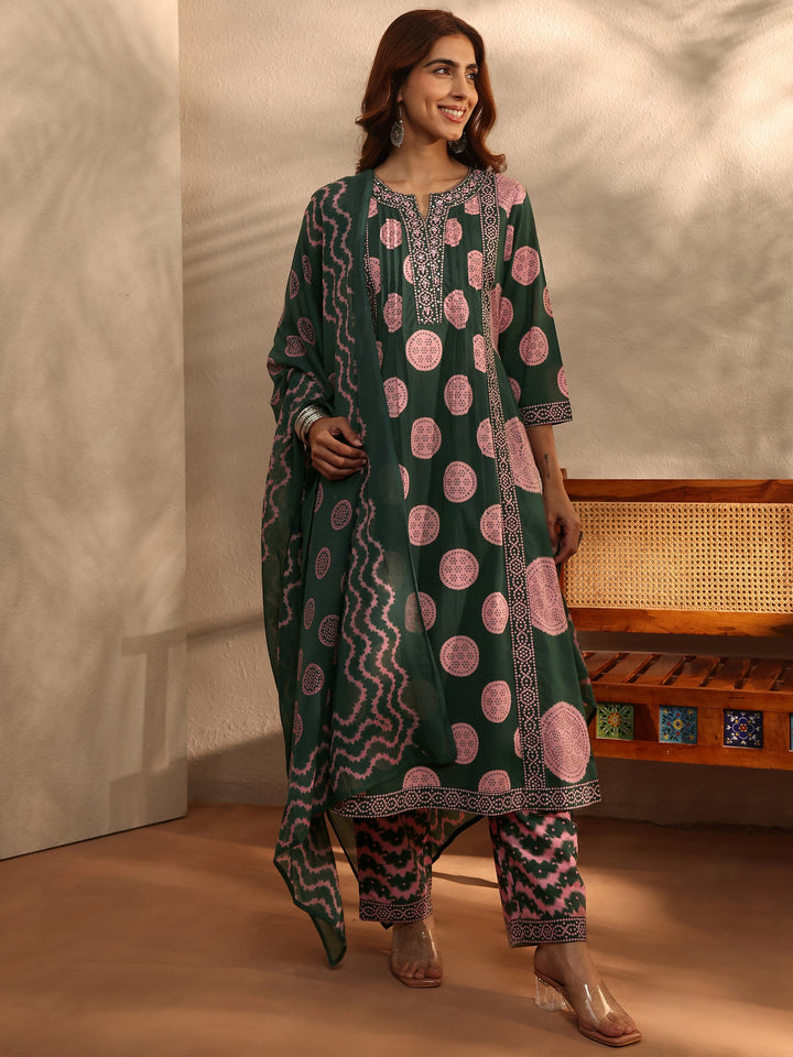Green Bandhani Printed Cotton Blend A-Line Suit Set With Dupatta