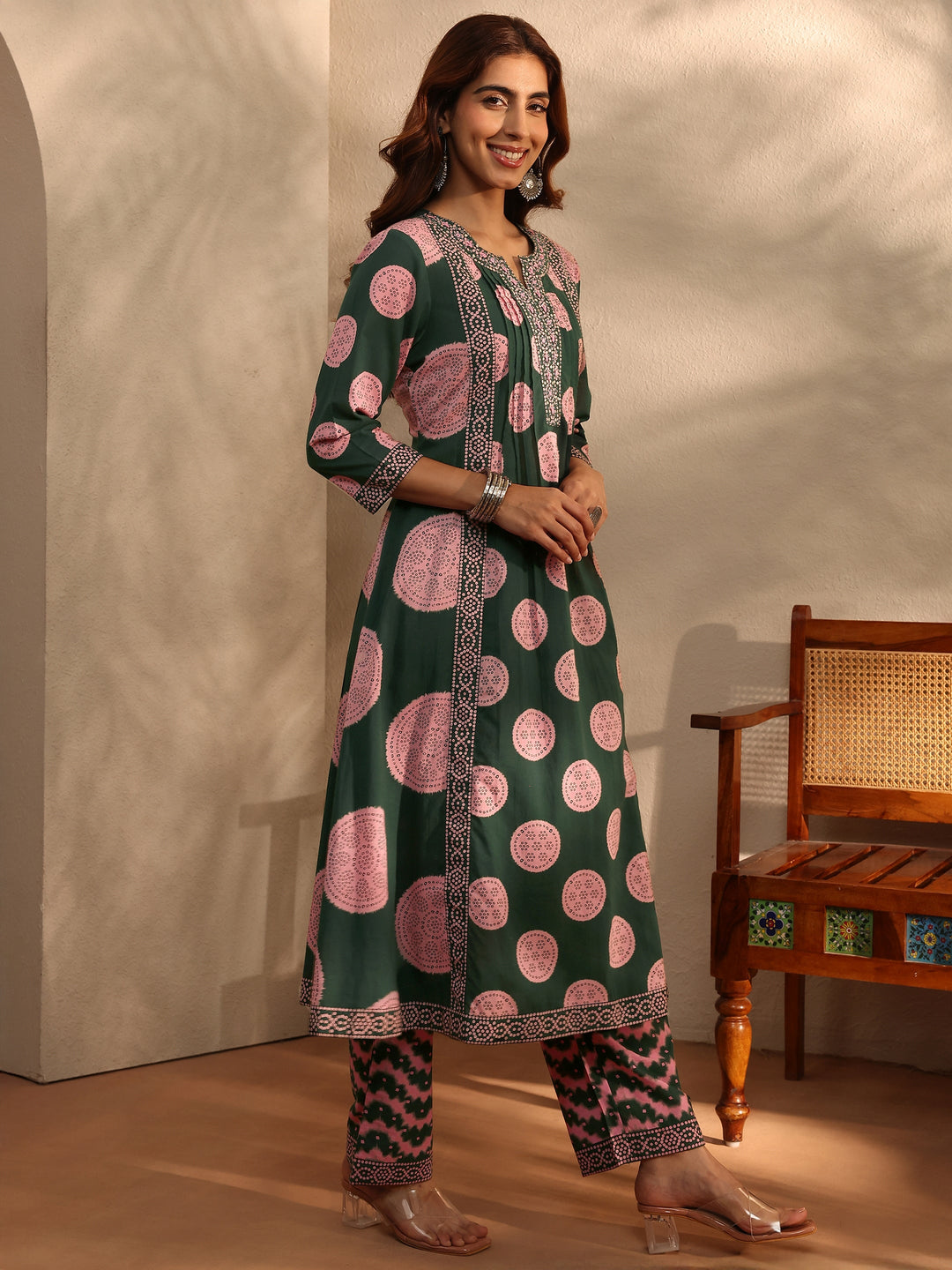 Green Bandhani Printed Cotton Blend A-Line Suit Set With Dupatta