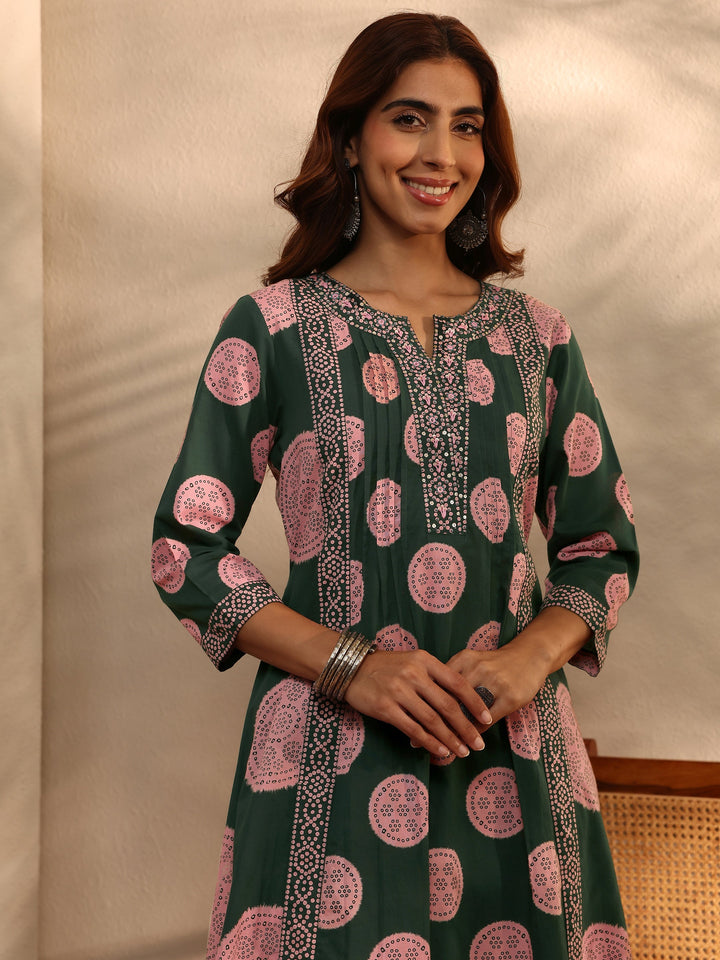 Green Bandhani Printed Cotton Blend A-Line Suit Set With Dupatta