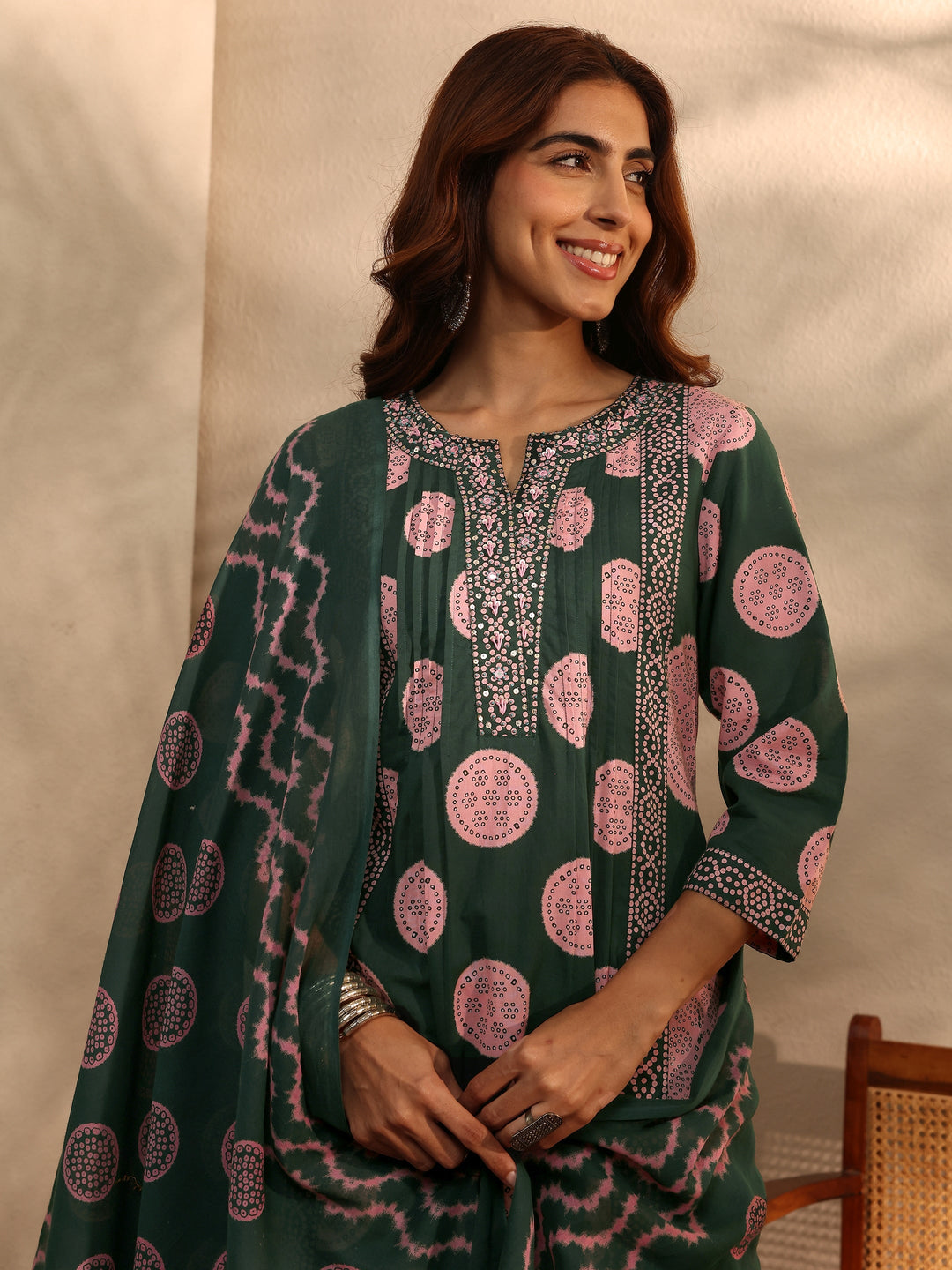 Green Bandhani Printed Cotton Blend A-Line Suit Set With Dupatta