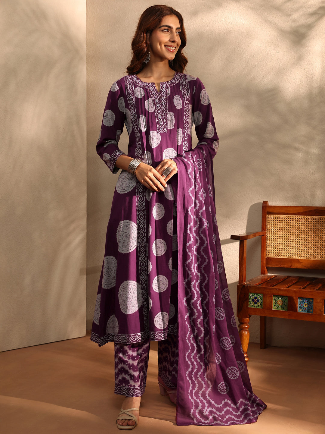 Burgundy Bandhani Printed Cotton Blend A-Line Suit Set With Dupatta