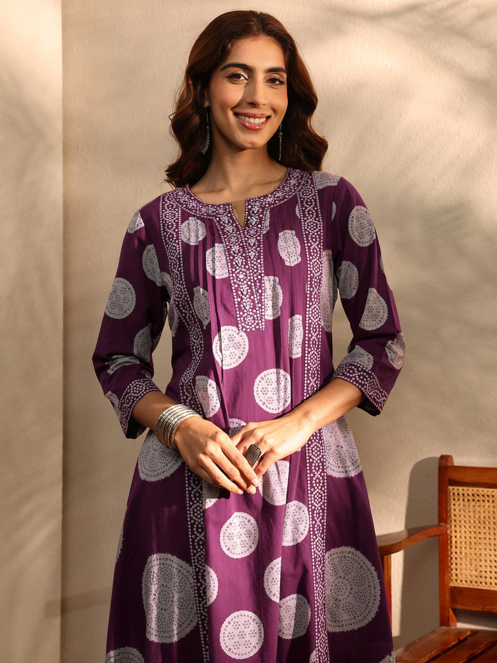 Burgundy Bandhani Printed Cotton Blend A-Line Suit Set With Dupatta