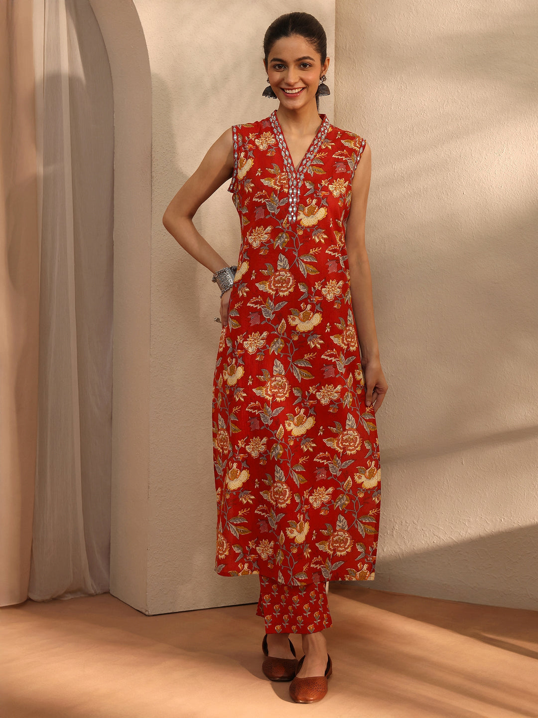 Red Floral Printed Cotton Blend Straight Kurta Set