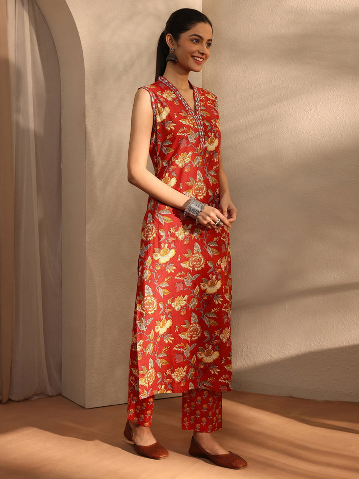 Red Floral Printed Cotton Blend Straight Kurta Set