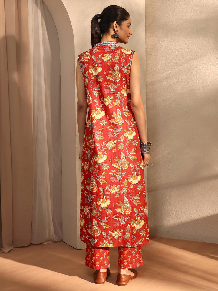 Red Floral Printed Cotton Blend Straight Kurta Set