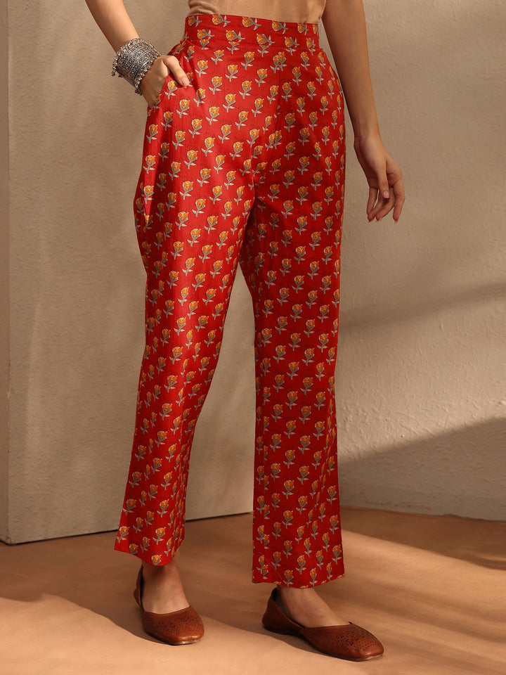 Red Floral Printed Cotton Blend Straight Kurta Set