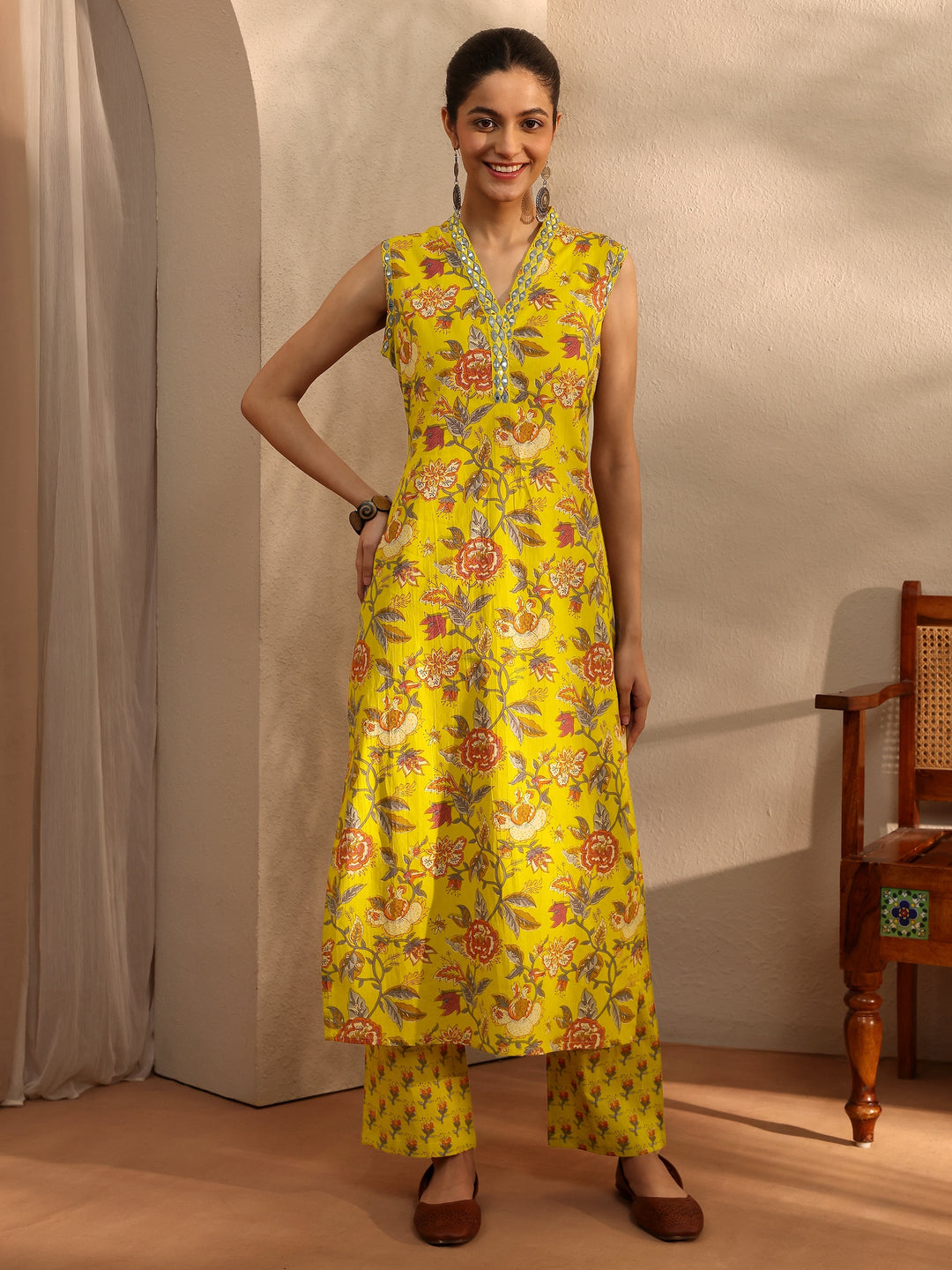 Mustard Floral Printed Cotton Blend Straight Kurta Set