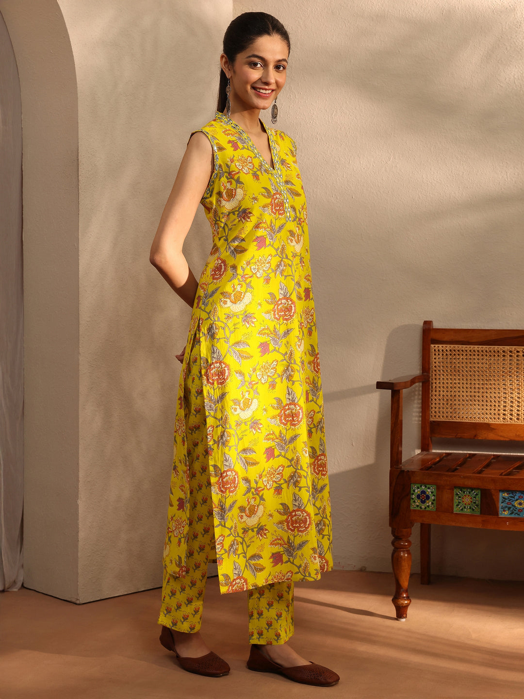 Mustard Floral Printed Cotton Blend Straight Kurta Set