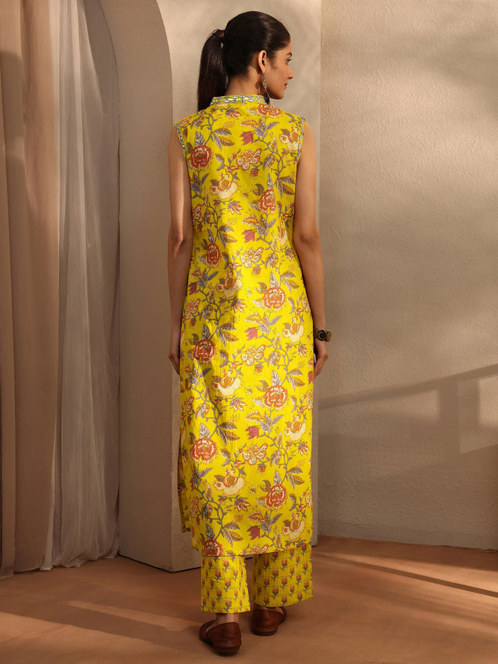 Mustard Floral Printed Cotton Blend Straight Kurta Set