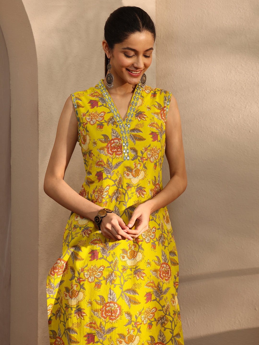Mustard Floral Printed Cotton Blend Straight Kurta Set