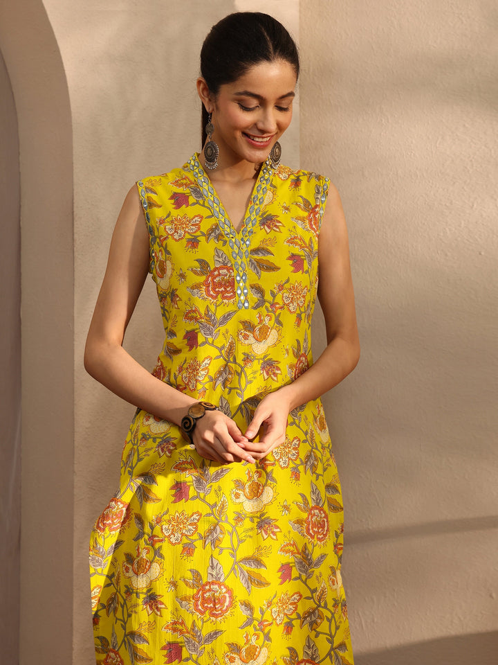 Mustard Floral Printed Cotton Blend Straight Kurta Set