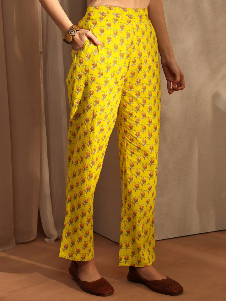 Mustard Floral Printed Cotton Blend Straight Kurta Set