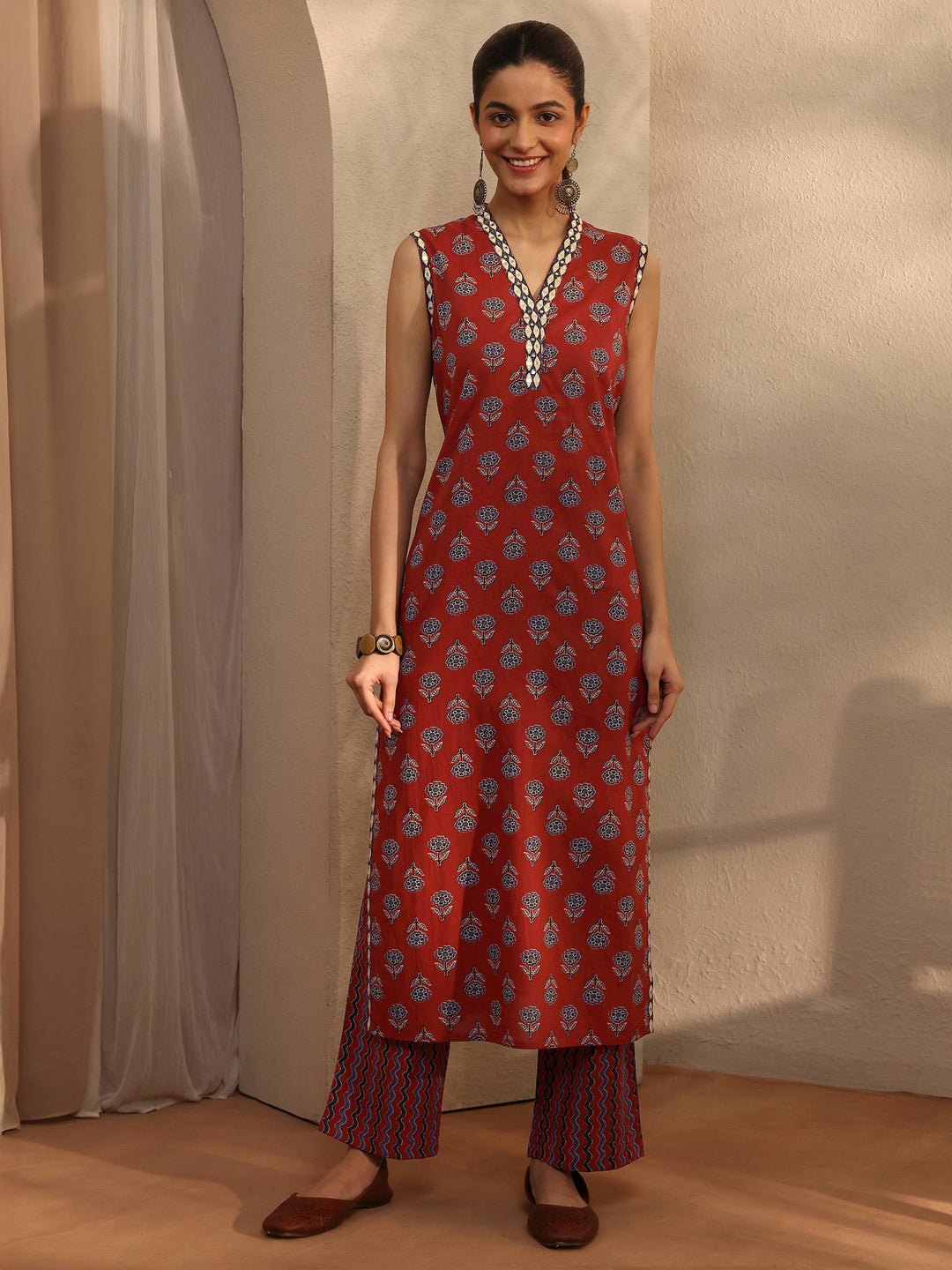 Rust Floral Printed Cotton Blend Straight Kurta Set