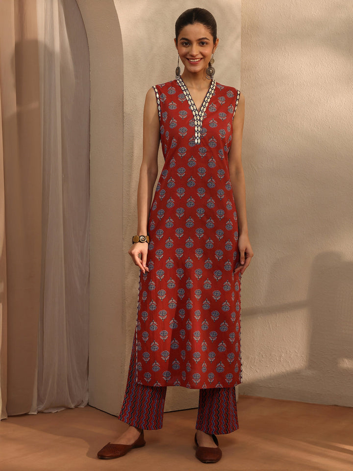 Rust Floral Printed Cotton Blend Straight Kurta Set