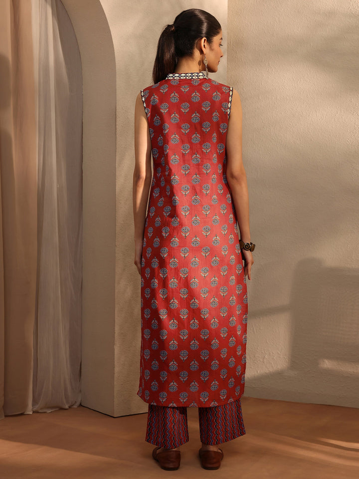Rust Floral Printed Cotton Blend Straight Kurta Set