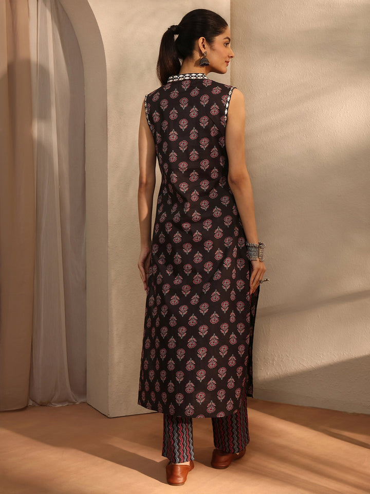 Black Floral Printed Cotton Blend Straight Kurta Set