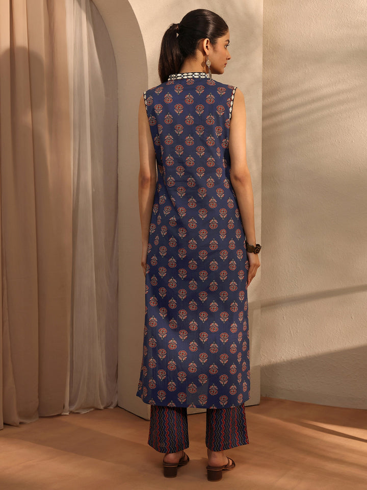 Blue Floral Printed Cotton Blend Straight Kurta Set
