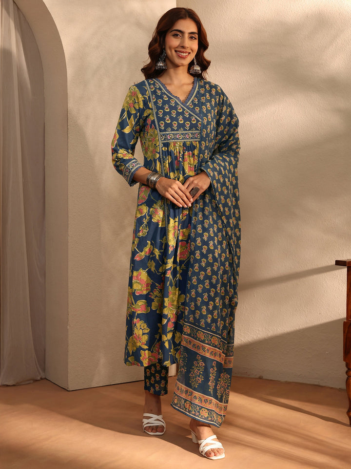 Blue Floral Printed Cotton Blend A-Line Suit Set With Dupatta