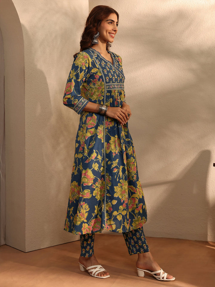 Blue Floral Printed Cotton Blend A-Line Suit Set With Dupatta