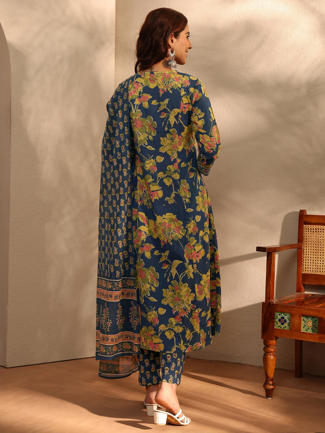 Blue Floral Printed Cotton Blend A-Line Suit Set With Dupatta