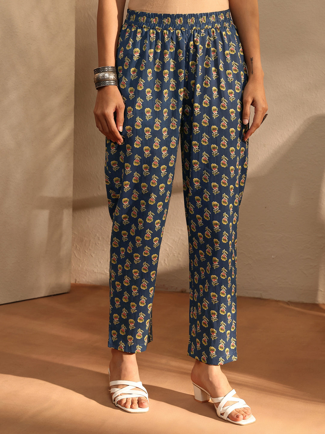 Blue Floral Printed Cotton Blend A-Line Suit Set With Dupatta