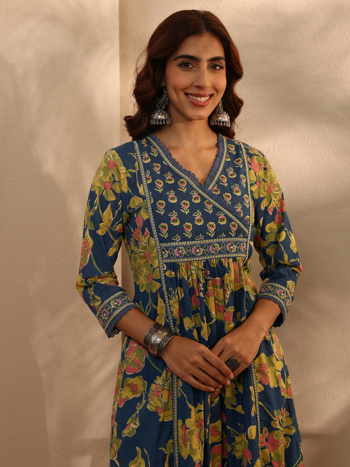 Blue Floral Printed Cotton Blend A-Line Suit Set With Dupatta
