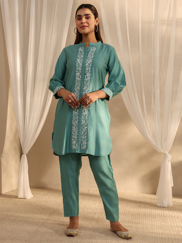 Green Floral Embroidered Silk Blend Co-Ord Set