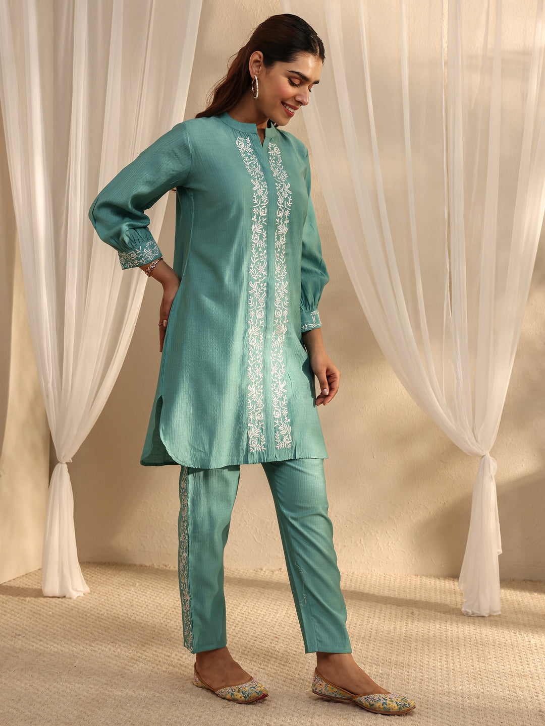 Green Floral Embroidered Silk Blend Co-Ord Set