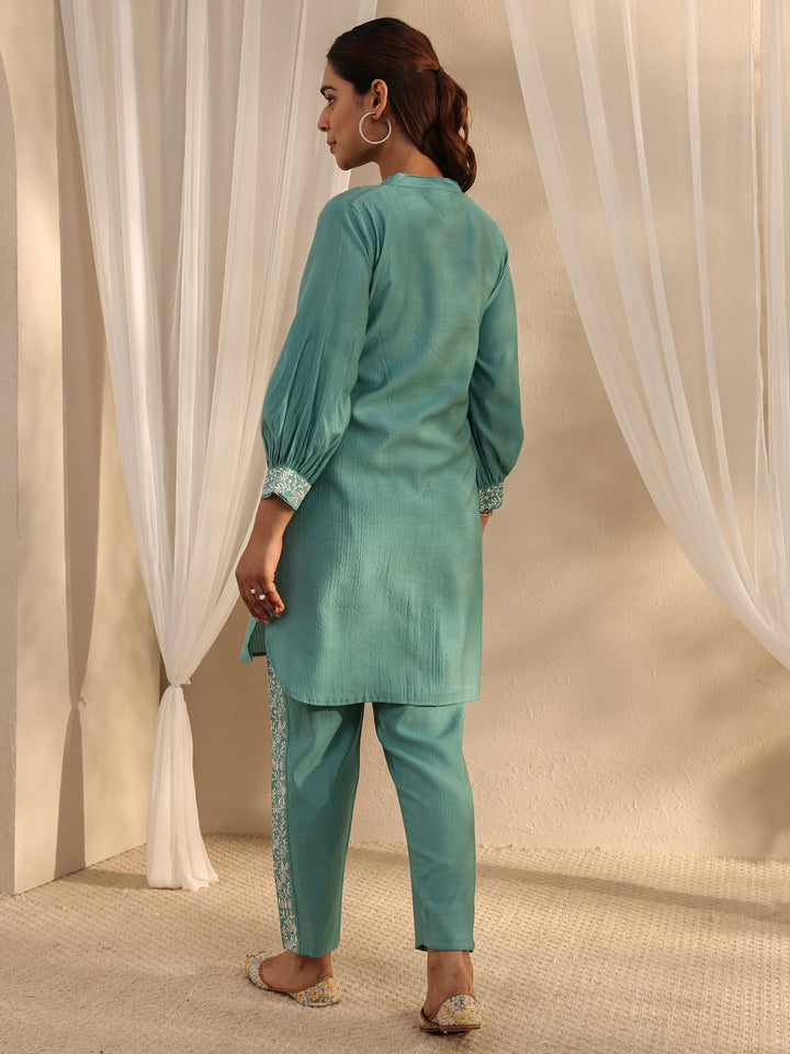 Green Floral Embroidered Silk Blend Co-Ord Set