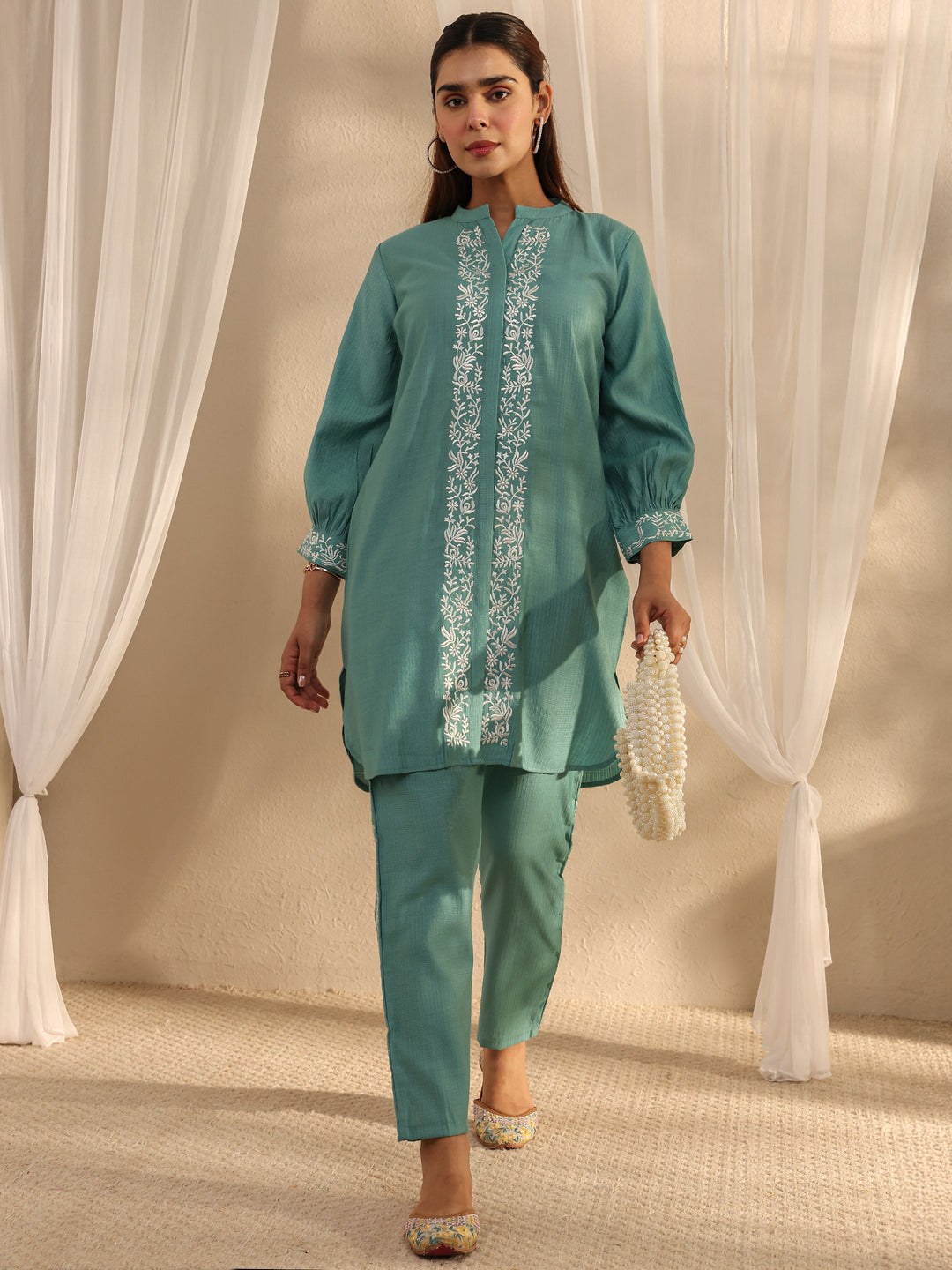Green Floral Embroidered Silk Blend Co-Ord Set