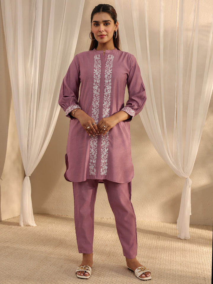 Mauve Floral Embroidered Silk Blend Co-Ord Set
