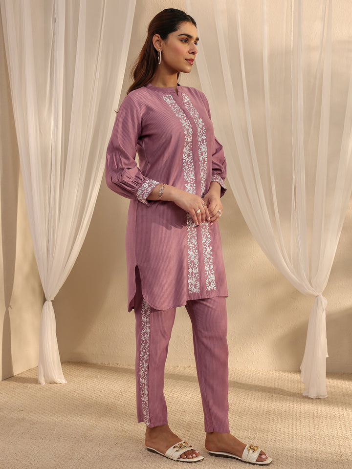 Mauve Floral Embroidered Silk Blend Co-Ord Set