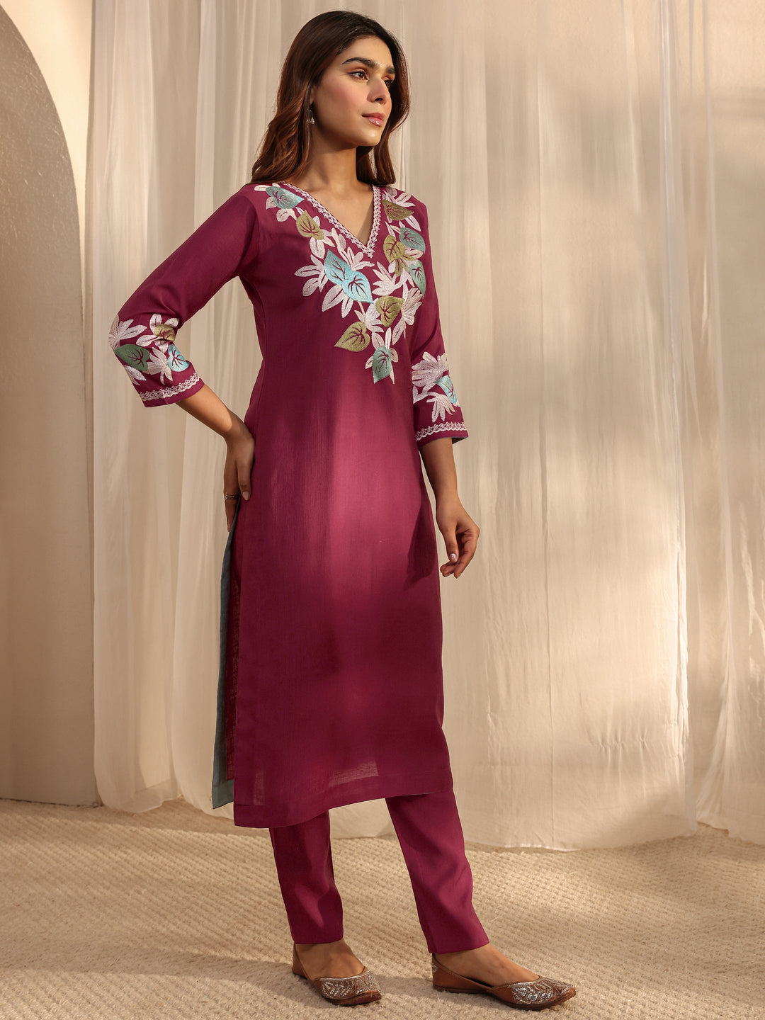 Maroon Floral Embroidered Silk Blend Straight Suit Set With Dupatta