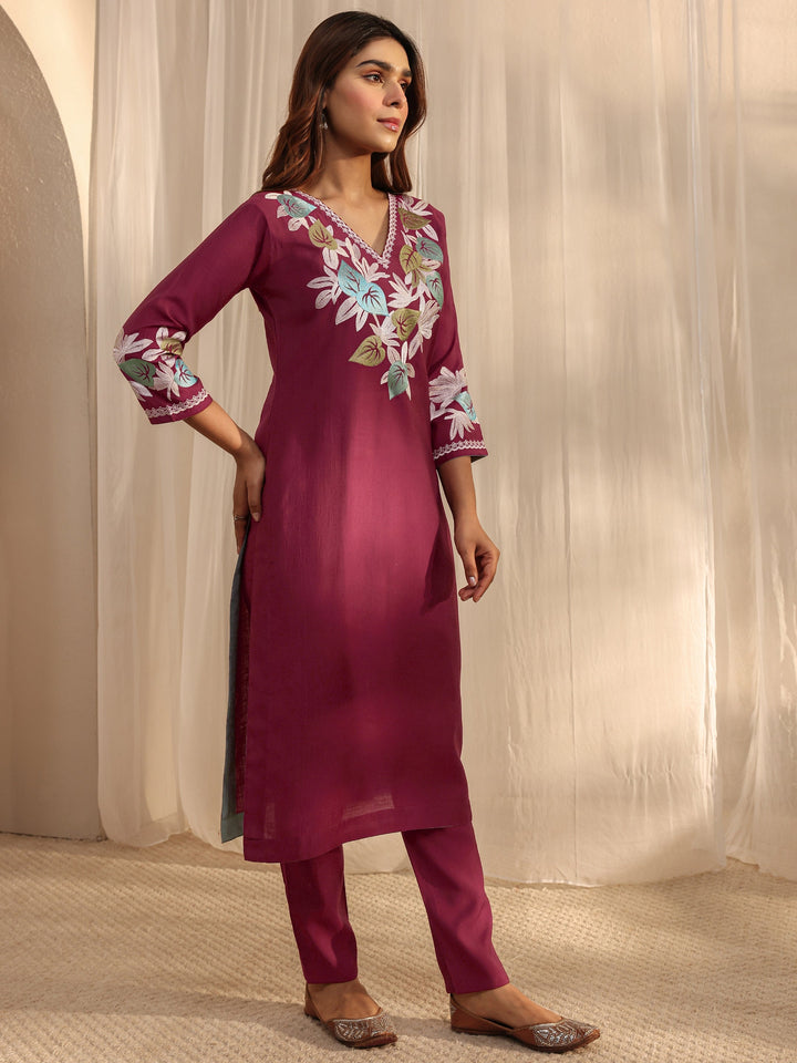 Maroon Floral Embroidered Silk Blend Straight Suit Set With Dupatta