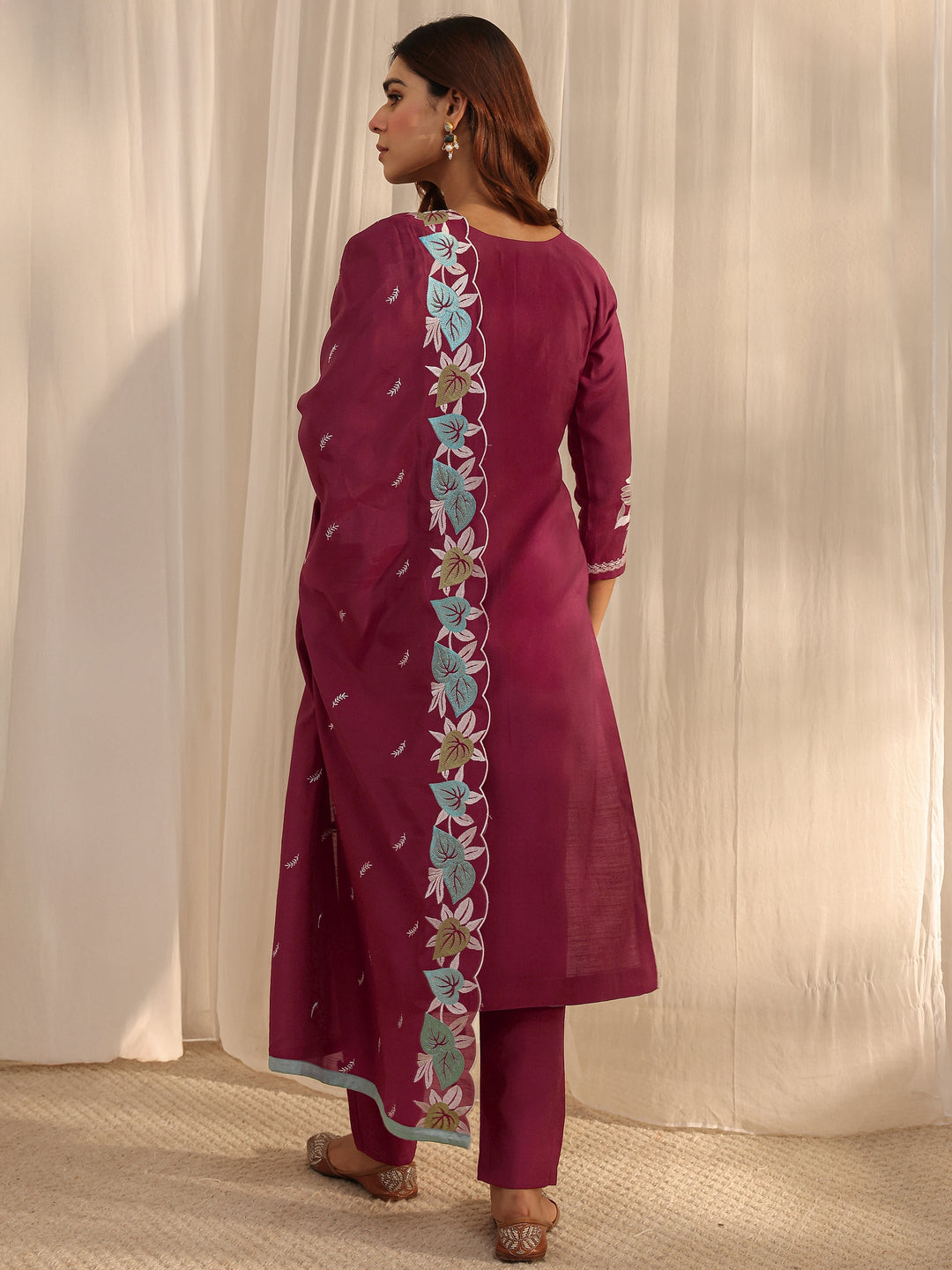 Maroon Floral Embroidered Silk Blend Straight Suit Set With Dupatta